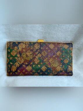 Lodis clutch colorful diamond-patterned cork exterior gold frame box wallet